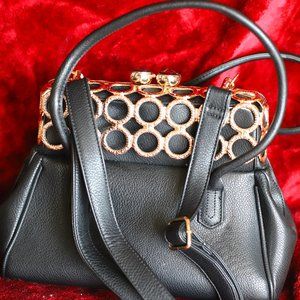 Black and gold clasped purse with shoulder straps